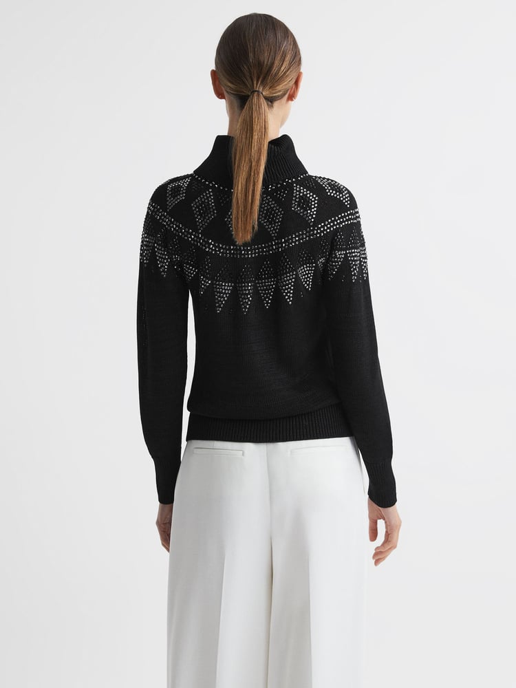 Reiss Black Bella Embellished Fairisle Pattern Removable Roll Neck Jumper - Image 6 of 6