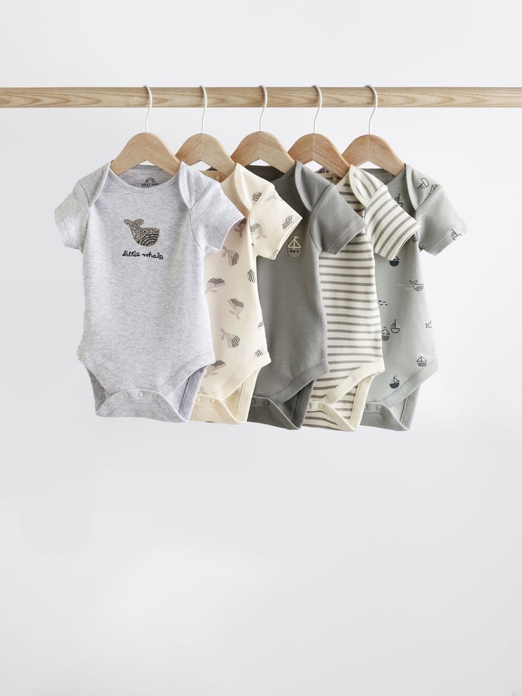 Grey Whale Baby Short Sleeve Cotton Bodysuits 5 Pack - Image 1 of 9