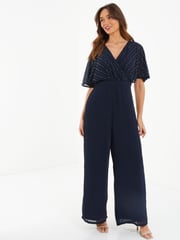 Quiz Blue Sequin Angel Sleeve Chiffon Jumpsuit - Image 1 of 3
