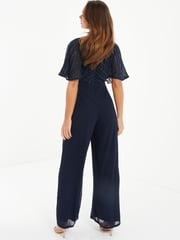Quiz Blue Sequin Angel Sleeve Chiffon Jumpsuit - Image 2 of 3