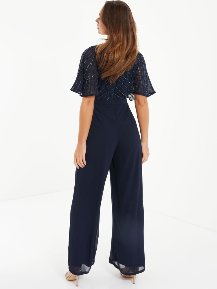 Quiz Blue Sequin Angel Sleeve Chiffon Jumpsuit - Image 2 of 3