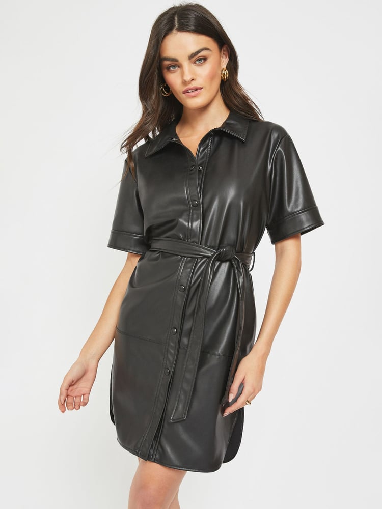 NOISY MAY Black Faux Leather Shirt Dress - Image 1 of 5 NOISY MAY Black Faux Leather Shirt Dress - Image 1 of 5