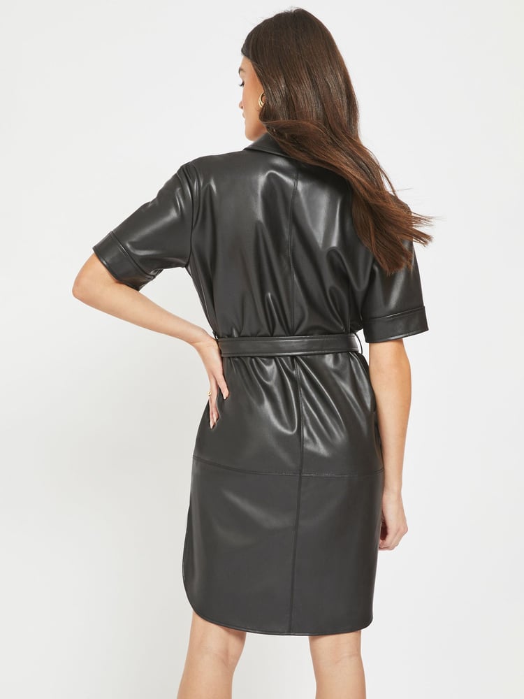 NOISY MAY Black Faux Leather Shirt Dress - Image 2 of 5 NOISY MAY Black Faux Leather Shirt Dress - Image 2 of 5
