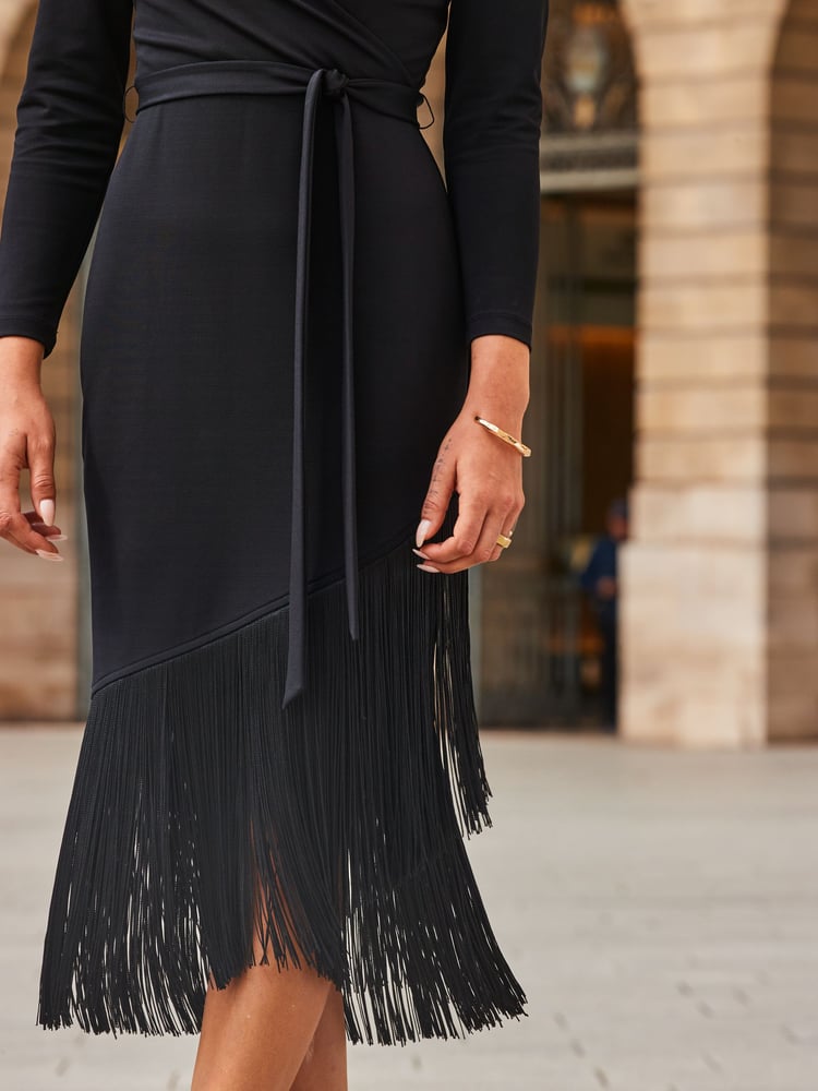 Sosandar Black Tassel Detail Belted Wrap Dress - Image 5 of 5