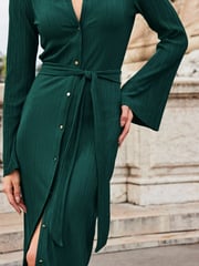 Sosandar Green Plisse Flared Sleeve Shirt Dress - Image 5 of 5