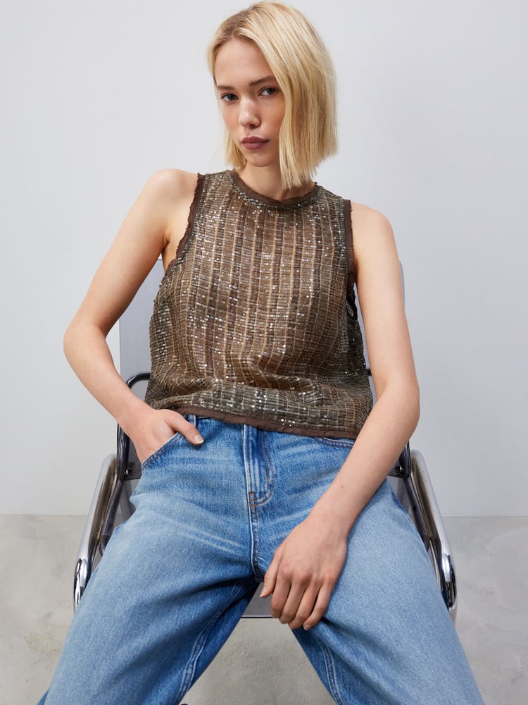 Khaki Green Sleeveless Sequin Tank Top - Image 2 of 6