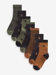 Khaki Green/Tan Brown Star Cotton Rich Socks 7 Pack - Image 1 of 8