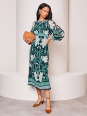 Lipsy Green Placement Print Long Sleeve Midi Dress - Image 1 of 4