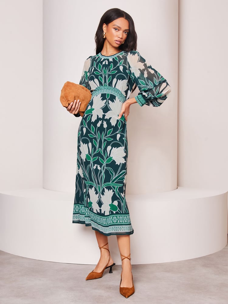 Lipsy Green Placement Print Long Sleeve Midi Dress - Image 1 of 4
