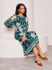 Lipsy Green Placement Print Long Sleeve Midi Dress - Image 3 of 4