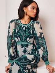 Lipsy Green Placement Print Long Sleeve Midi Dress - Image 4 of 4