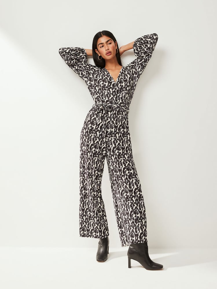 Black/White Long Sleeve Plisse Jumpsuit - Image 1 of 5
