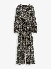 Black/White Long Sleeve Plisse Jumpsuit - Image 4 of 5