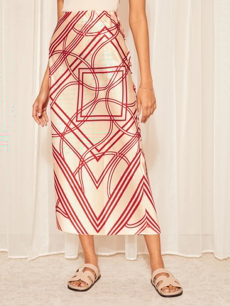 Friends Like These Red Geo Satin Bias Midi Skirt - Image 2 of 4 Friends Like These Red Geo Satin Bias Midi Skirt - Image 2 of 4