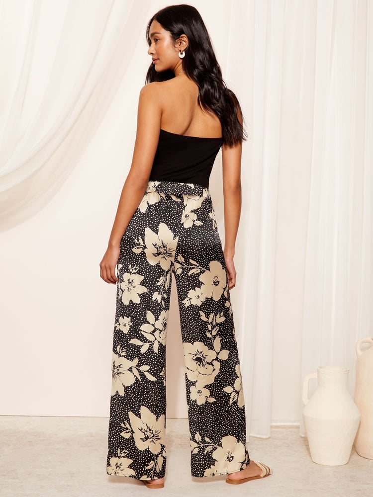 Friends Like These Cream Polka Dot Floral Satin Wide Leg Trousers - Image 4 of 4