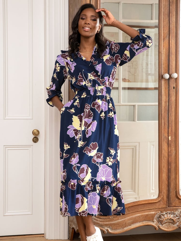 Pour Moi Navy Floral Print Maggie Dress - Image 1 of 5