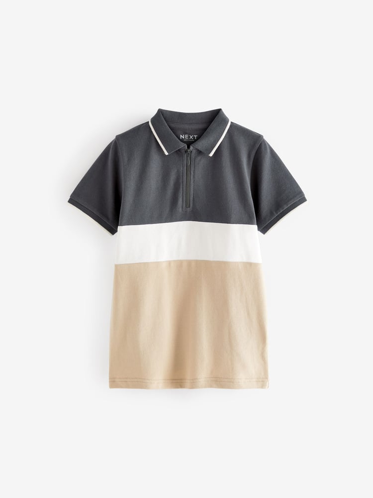 Tan Brown/Charcoal Grey Short Sleeve Zip Neck Polo Shirt (3-16yrs) - Image 1 of 3