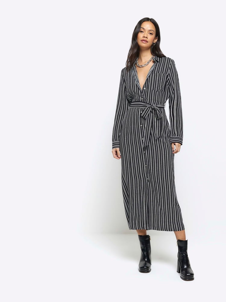 River Island Black Stripe Shirt Midi Dress - Image 1 of 4 River Island Black Stripe Shirt Midi Dress - Image 1 of 4