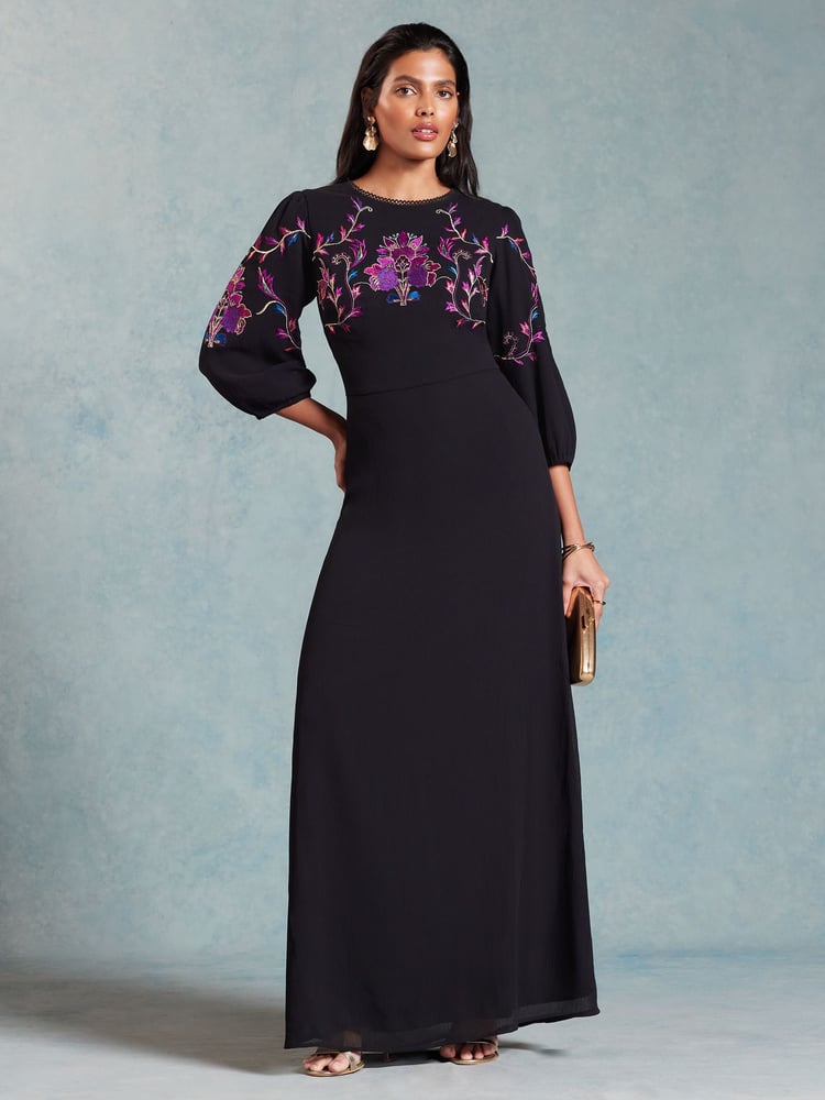 Love & Roses Black Embroidered Puff Sleeve Maxi Dress - Image 1 of 4
