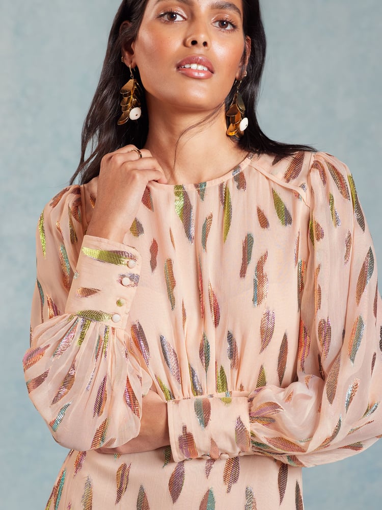 Love & Roses Pink Metallic Long Sleeve Round Neck Midi Dress - Image 2 of 4