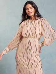 Love & Roses Pink Metallic Long Sleeve Round Neck Midi Dress - Image 4 of 4