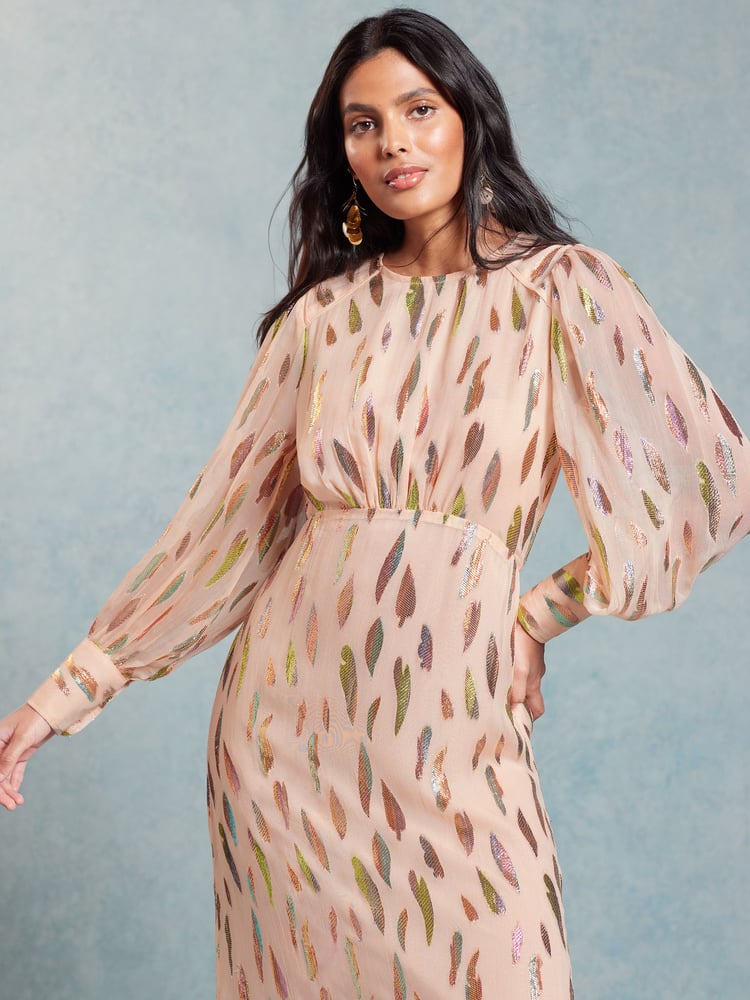 Love & Roses Pink Metallic Long Sleeve Round Neck Midi Dress - Image 4 of 4