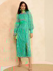 Love & Roses Green Metallic Long Sleeve Round Neck Midi Dress - Image 1 of 4