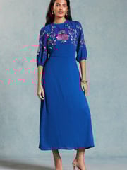 V&A | Love & Roses Blue Embroidered Puff Sleeve Midi Dress - Image 1 of 4