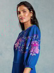 V&A | Love & Roses Blue Embroidered Puff Sleeve Midi Dress - Image 2 of 4