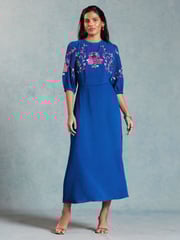 V&A | Love & Roses Blue Embroidered Puff Sleeve Midi Dress - Image 4 of 4