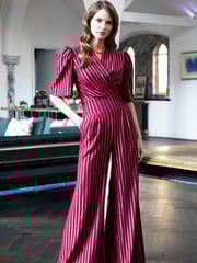 Hot Squash Red Wide Leg Gold Stripe Jumpsuit - Image 1 of 6