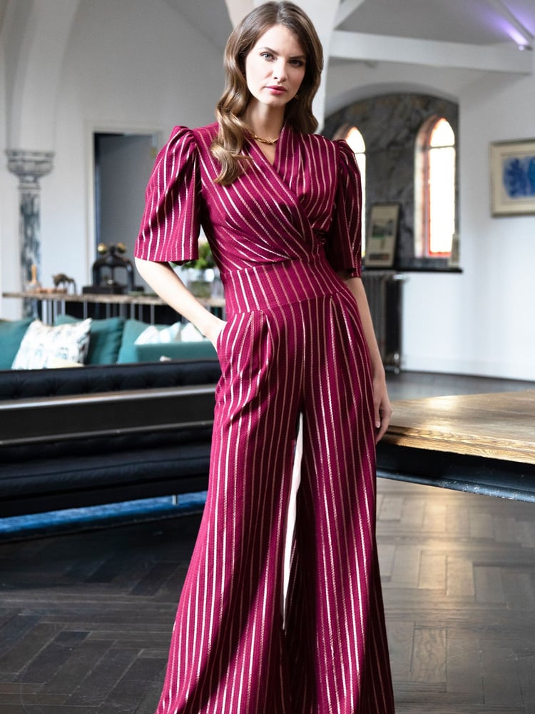 Hot Squash Red Wide Leg Gold Stripe Jumpsuit - Image 1 of 6