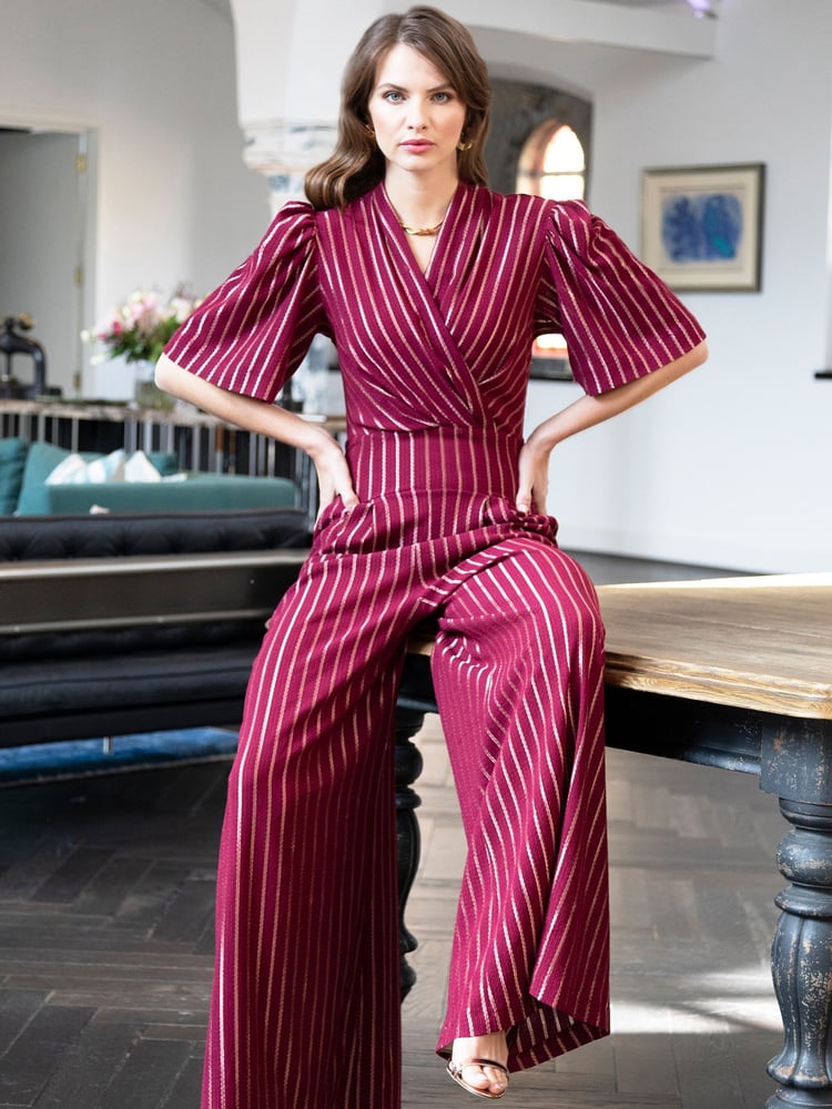 Hot Squash Red Wide Leg Gold Stripe Jumpsuit - Image 2 of 6