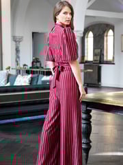 Hot Squash Red Wide Leg Gold Stripe Jumpsuit - Image 4 of 6