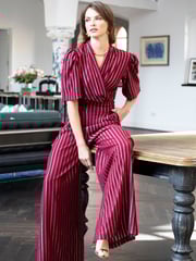 Hot Squash Red Wide Leg Gold Stripe Jumpsuit - Image 5 of 6