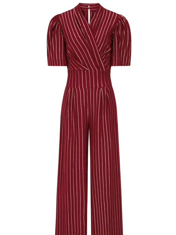 Hot Squash Red Wide Leg Gold Stripe Jumpsuit - Image 6 of 6