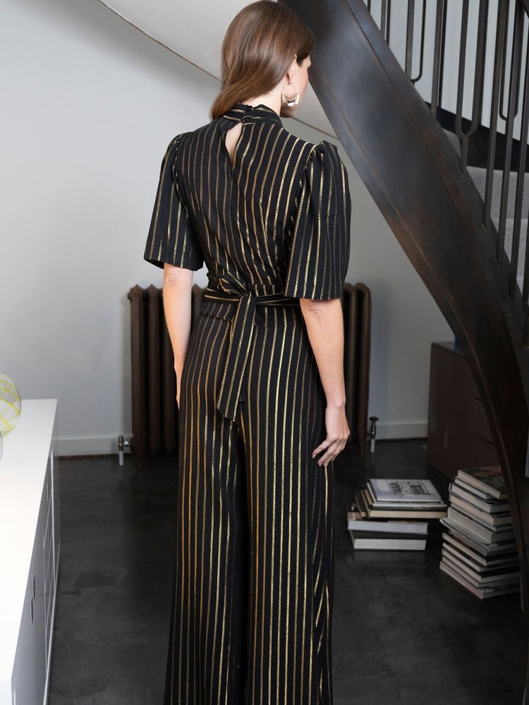 Hot Squash Gold Stripe Wide Leg Black Jumpsuit - Image 2 of 5