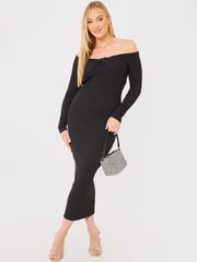 In The Style Black Jac Jossa Ribbed Knot Detail Bardot Knitted Jumper Dress - Image 2 of 5