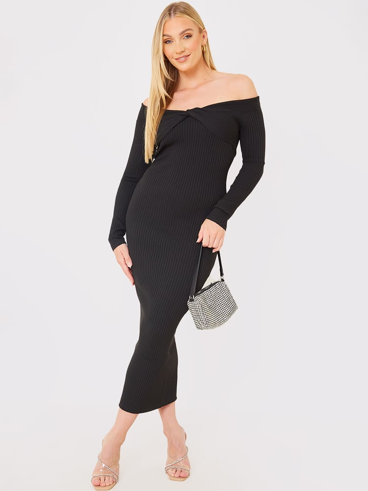 In The Style Black Jac Jossa Ribbed Knot Detail Bardot Knitted Jumper Dress - Image 2 of 5