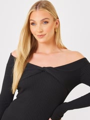 In The Style Black Jac Jossa Ribbed Knot Detail Bardot Knitted Jumper Dress - Image 5 of 5