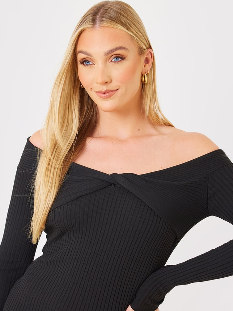 In The Style Black Jac Jossa Ribbed Knot Detail Bardot Knitted Jumper Dress - Image 5 of 5
