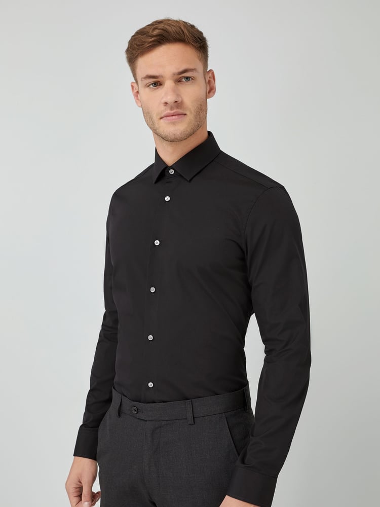 Black Slim Fit 100% Cotton Single Cuff Shirt - Image 1 of 3