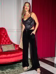 Pour Moi Black Harriet Stretch Velvet Wide Leg Trousers - Image 1 of 4