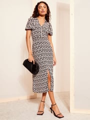 Friends Like These Black/White Collar Shirred Waist Midi Dress - Image 1 of 4
