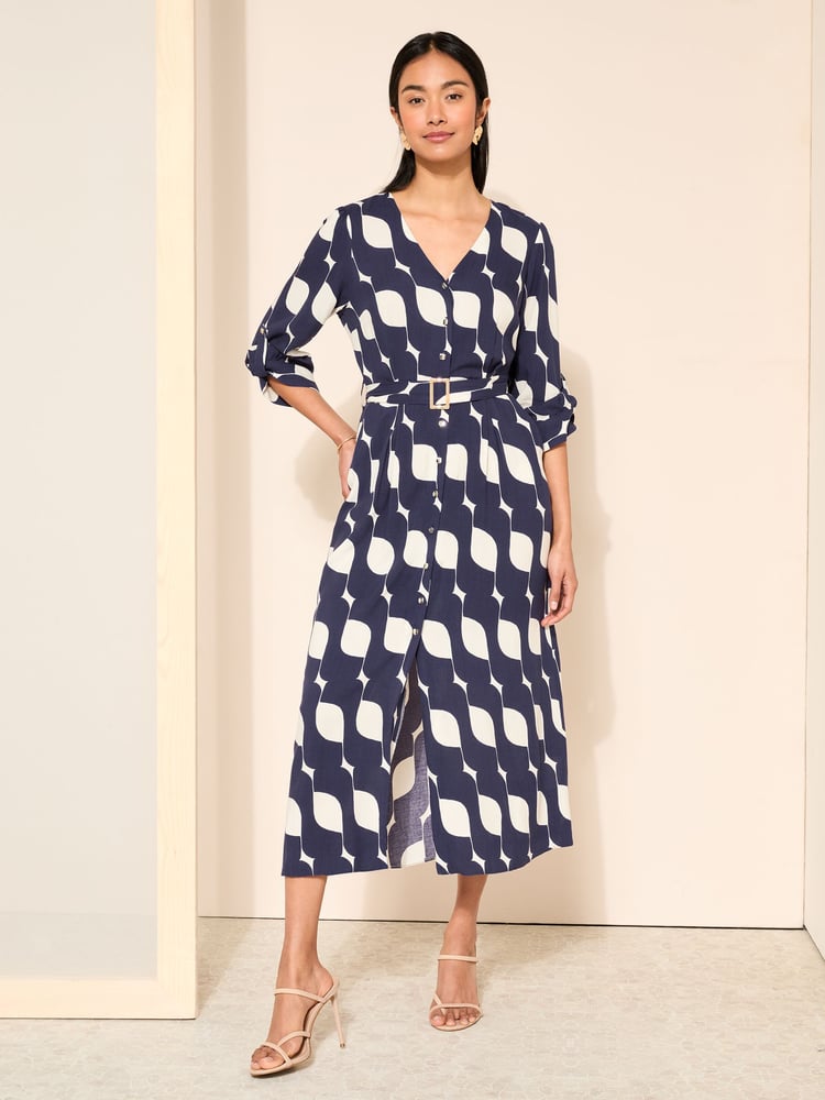 Friends Like These Navy Blue Buckle Belted V Neck Midi Shirt Dress - Image 1 of 4