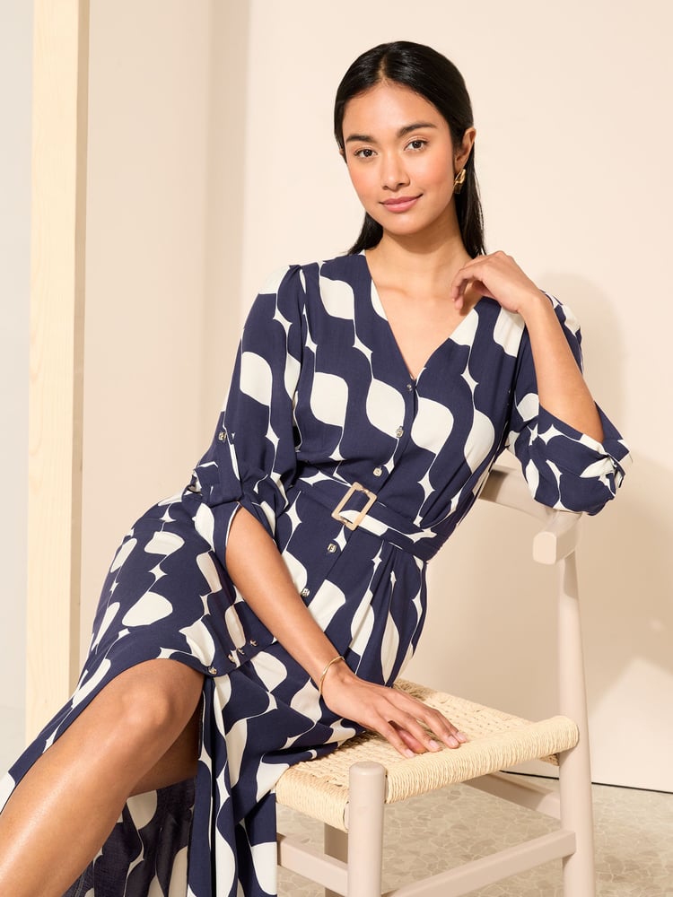 Friends Like These Navy Blue Buckle Belted V Neck Midi Shirt Dress - Image 2 of 4
