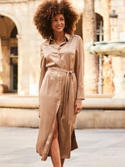 Sosandar Brown Satin Belted Shirt Dress - Image 1 of 5