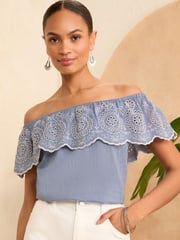 Love & Roses Blue Chambray Broderie Bardot Trim Detail Top - Image 1 of 4