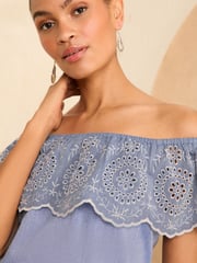 Love & Roses Blue Chambray Broderie Bardot Trim Detail Top - Image 2 of 4
