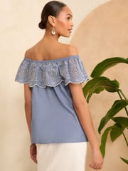 Love & Roses Blue Chambray Broderie Bardot Trim Detail Top - Image 3 of 4